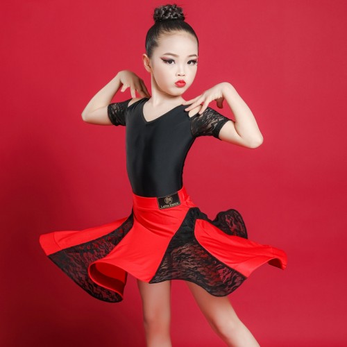 Girls kids black with red lace latin dance dresses stage performance modern dance latin dance outfits latin dancewear for children